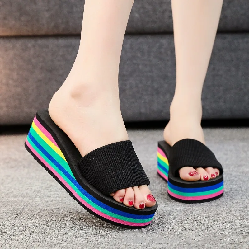 Rainbow Color Beach Flip Flops for Women Ladies Platform Shoes Soft EVA Light Weight Girls Home Slippers Street Wedges Sandals