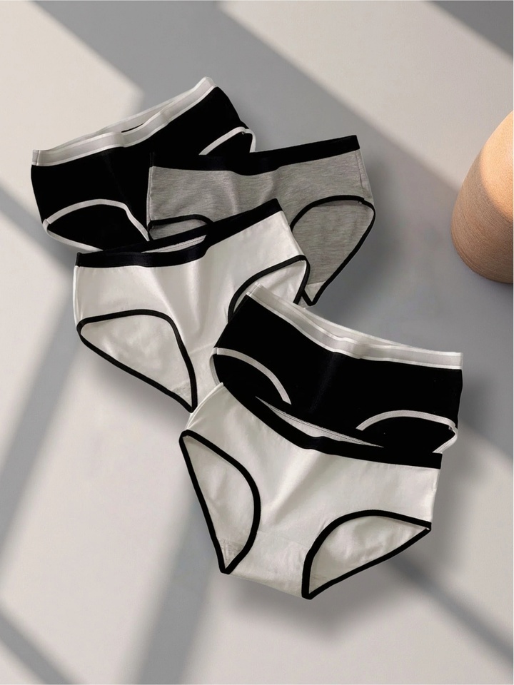 5PCSWomen's Pure Cotton Mid-Waist Thigh-High Simple Girl Student Triangle Panties, Solid Color, Comfortable, Breathable