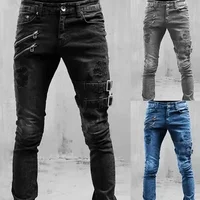 Jean de motard coupe cintrée pour hommes, en coton, extensible, déchiré, de haute qualité, Hip Hop, noir, surdimensionné, Denim 2