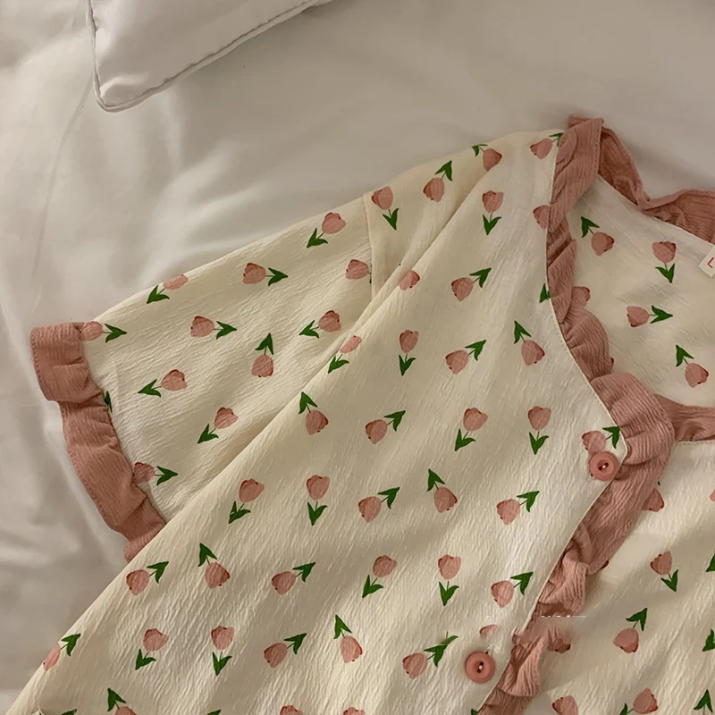 Lace Round Necked Pajamas For Women 2024 New Short Sleeves Shorts Ruffles Female Sleepwear Sets Korean Floral 2Pcs Night-clothes