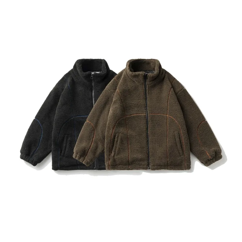 Winter Cotton Jacket with Retro Contrasting Decorative Thread Embroidered Lamb Wool Jacket