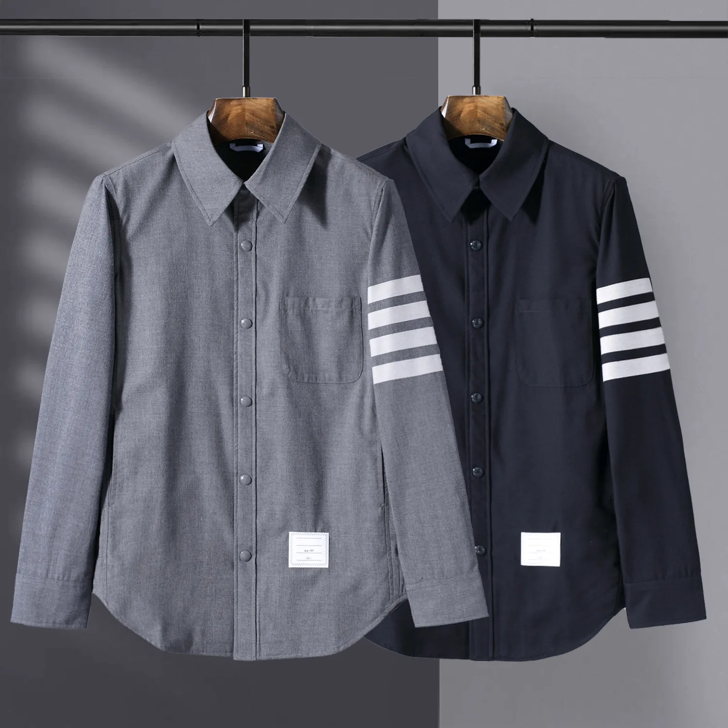 

2024 New TB Wool Shirt Unisex Summer Fashion Korean Academy Black Single breasted Long sleeved Polo Collar Men Suit Shirt Preppy