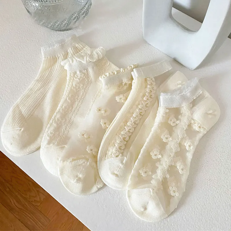

New Solid Color Short Socks Ultra-Thin Transparent Crystal Silk Socks Women Girl Fashion Summer Japanese Lolita Lace Ruffle Sock