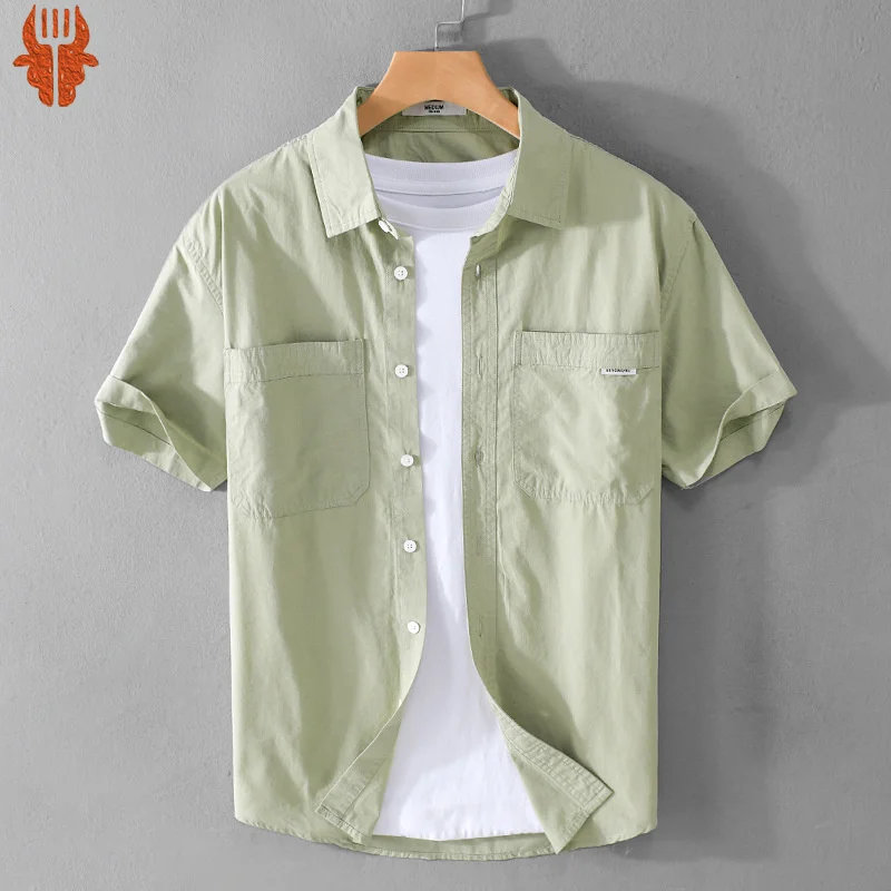 Summer Men's Casual Short Sleeve Comfortable Shirt 100% Cotton Sold Color Loose Simple Male Workwear Versatile Youth Fresh Shirt