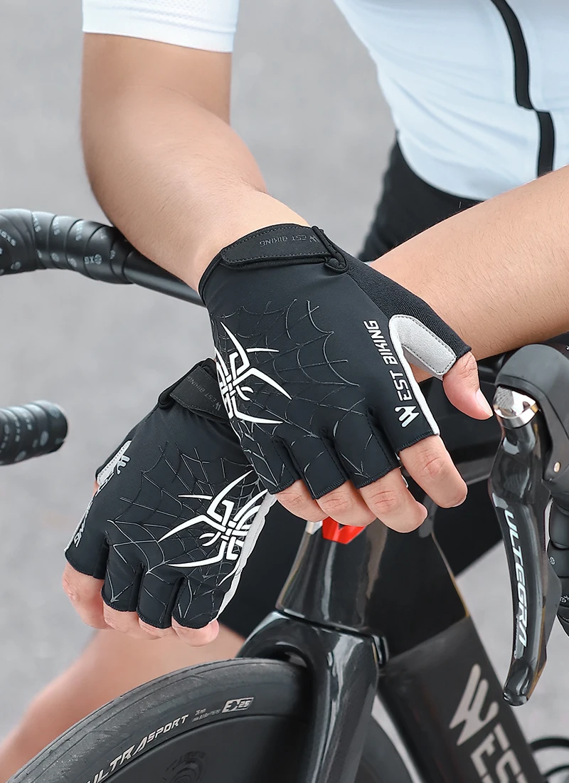 WEST BIKING Halbfinger-Fahrradhandschuhe aus Eisseide, atmungsaktiv, rutschfest, stoßdämpfend, reflektierend, für Sommerfahrten – Detail 3