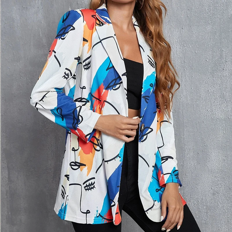 

Vintage Print Single Button Loose Blazer Women Jacket Streetwear Autumn casual Elegant Office Lady Coat American Stylish 2022