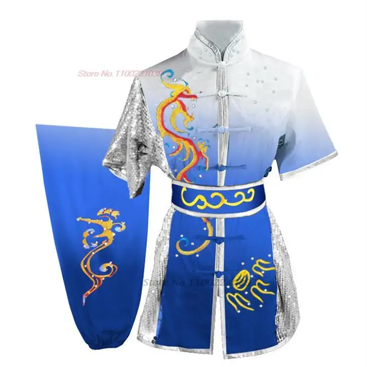 Traditional Chinese Wushu Kung Fu Set Sequin Dragon Embroidery Shaolin Uniform Kungfu Stage Performance Tops + Pant + Belt Set chinese traditional costume