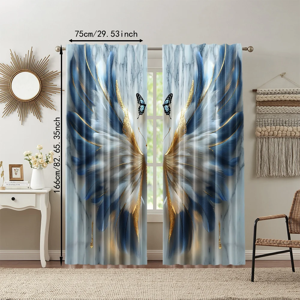 2pc,  Party Window Curtains Abstract Blue Feather Polyester,Without Electricity Birthday Party Perfect for Office decoration 3