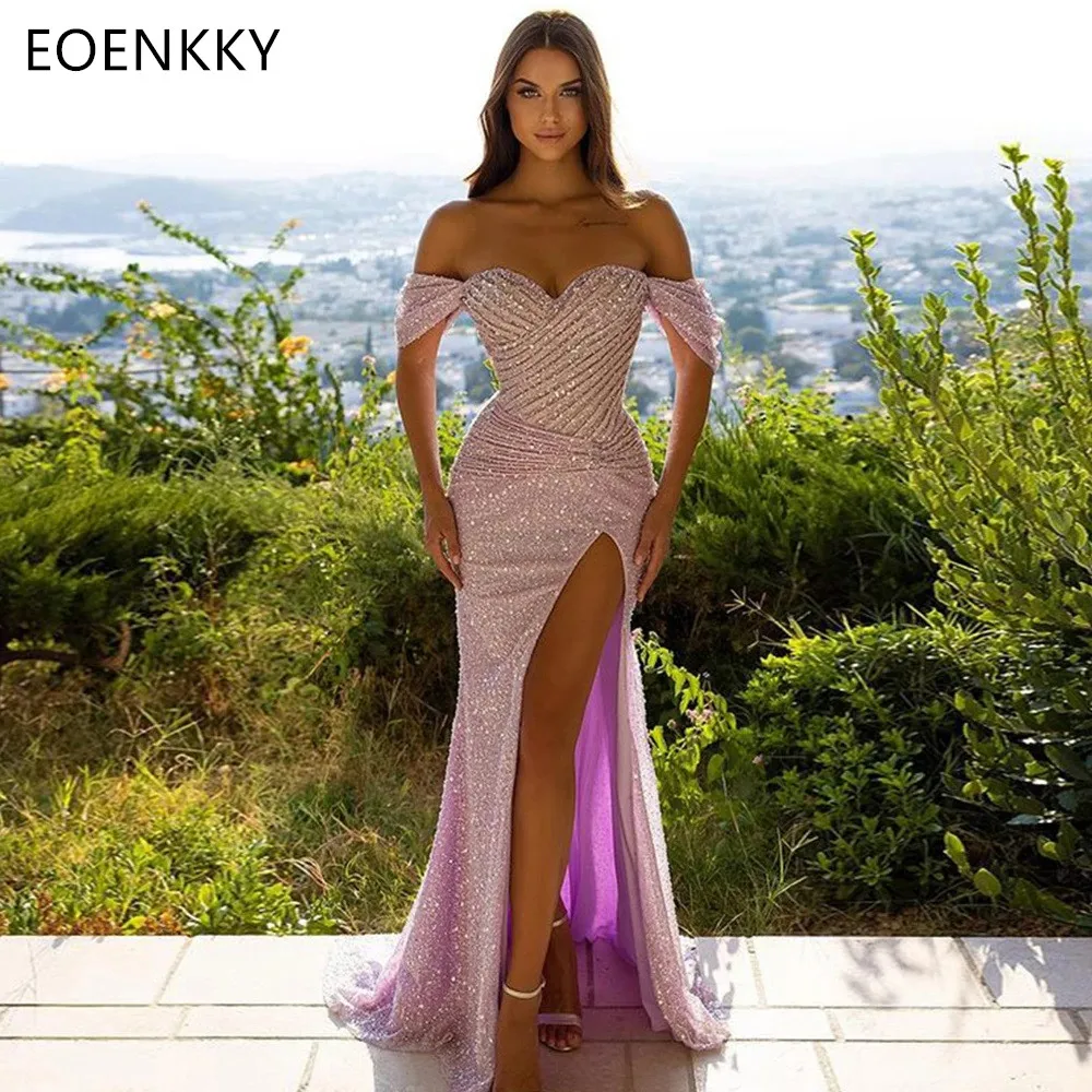 

EOENKKY Shiny Spaghetti Strap Mermaid Prom Dress 2024 Sexy Side Split Fishtail Vestidos De Noche Gliiter Graduation Ball Dress