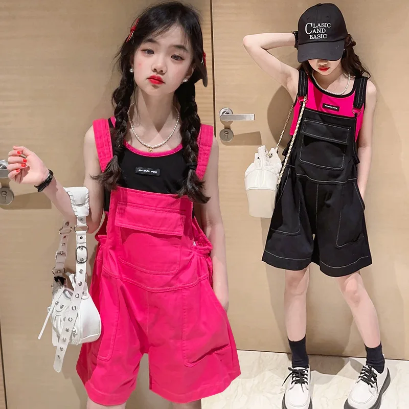 

Girls' Jumpsuit Summer Suit 2023 New Fashion Solid Color Jeans Overalls for children's Vest + Suspenders Shorts 5-14 Years
