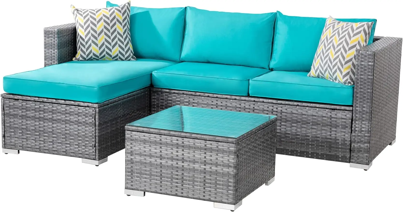

Shintenchi Patio Furniture Sets 3 Pieces Outdoor Sectional Sofa Silver All-Weather Rattan Wicker Sofa Small Patio(Sky Blue)