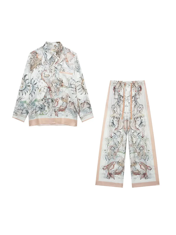 

Women 2023 Spring New Fashion Print Loose Real Silk Blouses Vintage Lapel Collar Long Sleeve Button-up Female Shirts Chic Tops