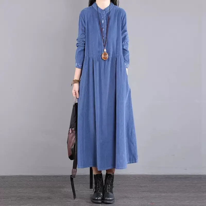 

Corduroy Autumn Winter Dress Elegant 2023 New Women's Long Loose O-Neck Long Sleeve Fashion Embroidery Vintage Dresses Vestido