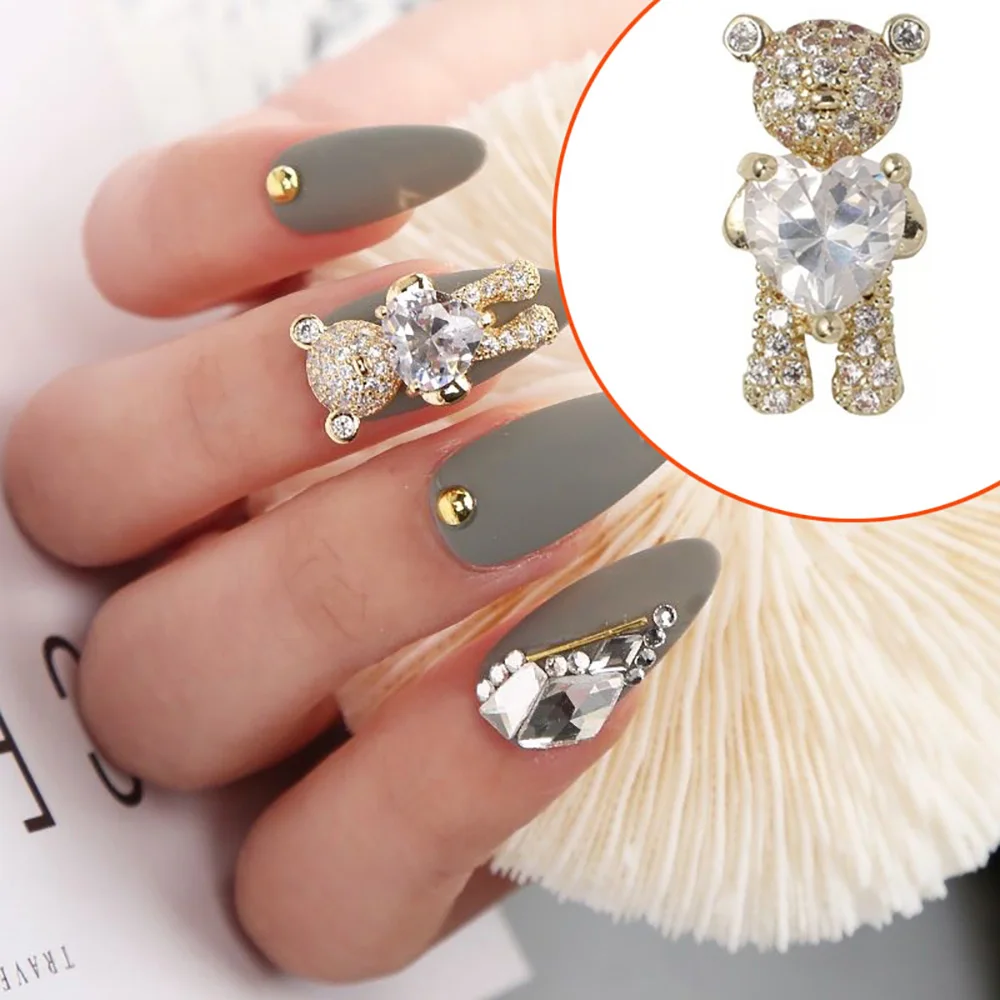 

1Pc Shiny Zircon Alloy Bear 3D Nail Art Decorations With Heart Crystal Luxury Jewelry Manicure Design Accessories