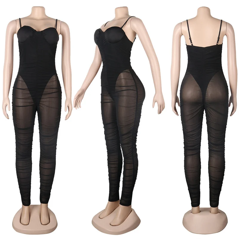 Monos sexys con tirantes para discoteca, monos para mujer, mono elegante de malla transparente para fiesta, mono ajustado, mono de una pieza con espalda descubierta fruncida