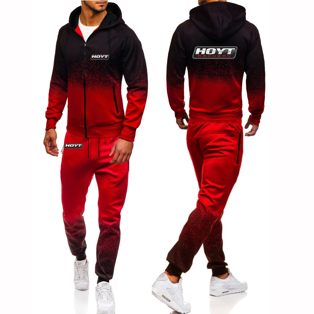Hoyt Archery 2023 Men New Stly Fashion Comfortable Casual Gradient Color Set Hoodies Zipper Tops+Pants Two-Pieces Suits