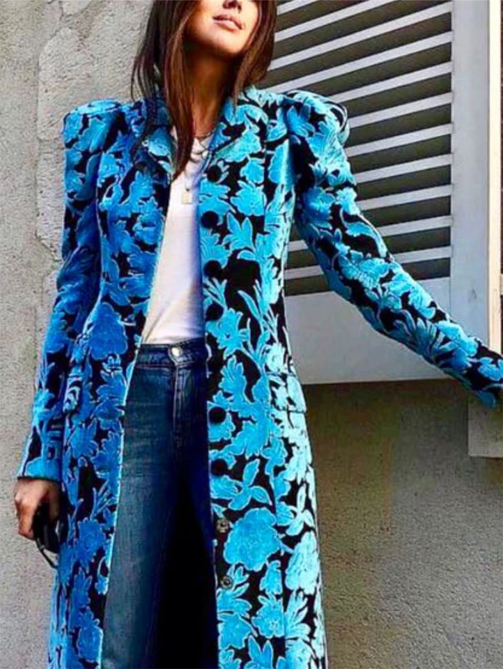 Trench Invernale Donna In Velluto A Coste Trapuntato Con Stampa Floreale E Bottoni Chinese – Taglie Comode - 5