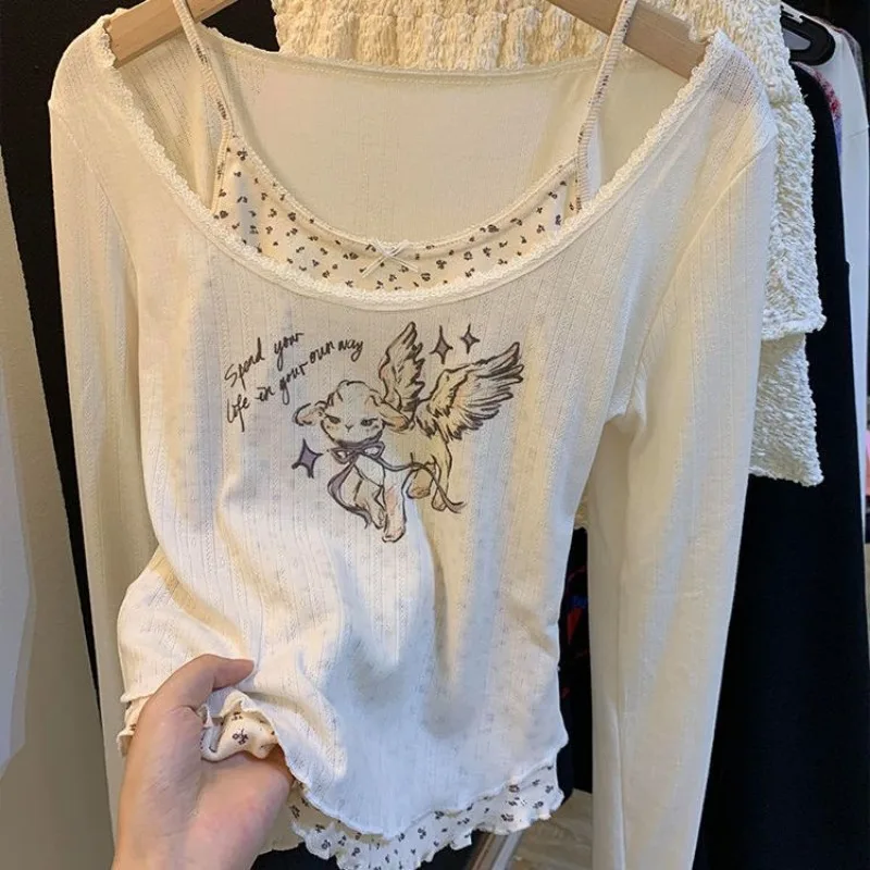 Sweet Korean Y2k Lace Long-sleeved T-shirt Female Fall Outside The Design Sense Printing Slim Thin False Two Pieces of Tops 3
