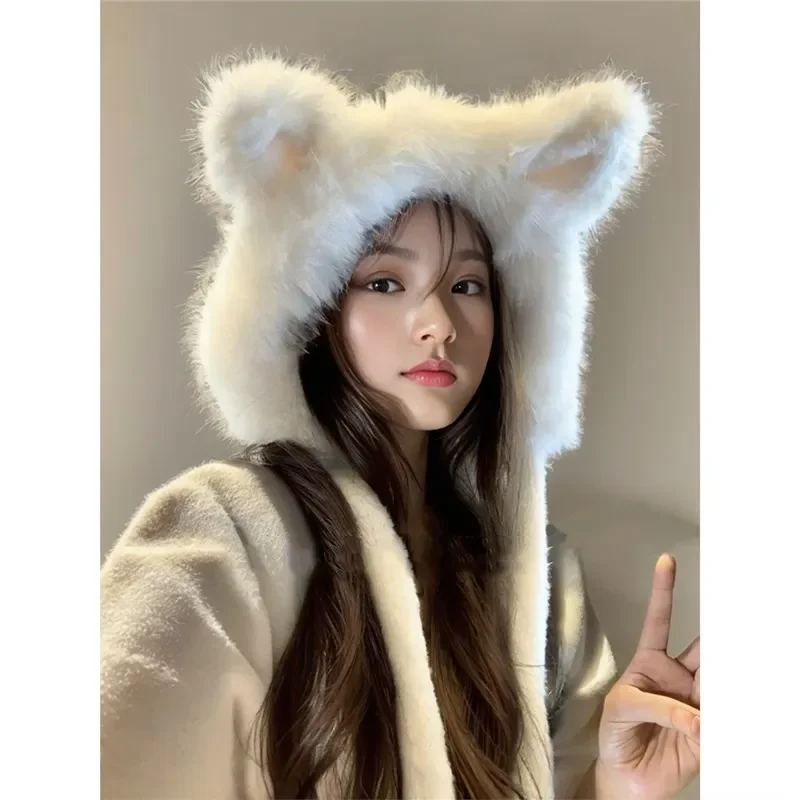 

New Cute Fox Ears Plush Hat Women's Winter Thickened Warm Cover Ear Protection Bonnet Showing Face Small Lace-up Beanie Hats