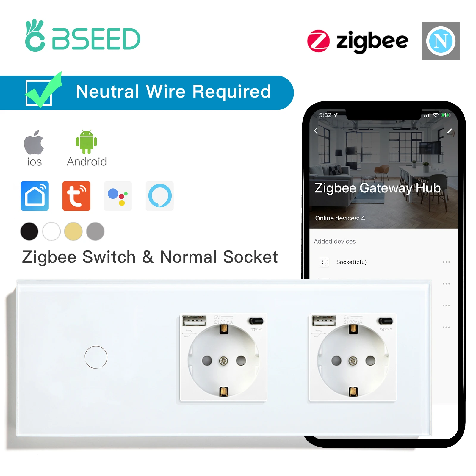 Interruptores Bseed-zigbee Smart Touch Tomada de Parede Dupla ue Portas Usb Tipo-c Tuya Smart Life Controle sem Fio Alexa 2.1a
