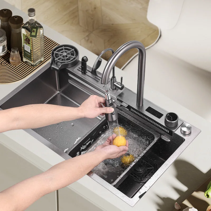 2024 new product big size Honeycomb embossed knife holder piano digital display waterfall kitchen sink 3