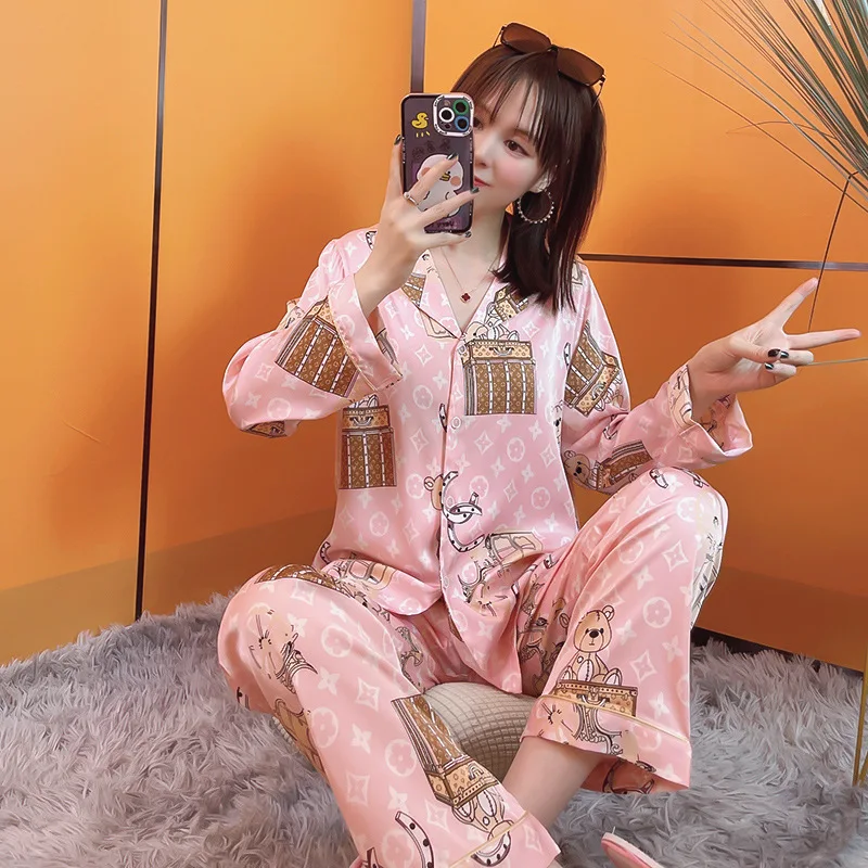 Satin Silk Pajamas for Women Summer Pyjamas Home Clothes Women Nightwear Pajama Set Long Sleeve Nightgown Plus Size Sleepwear