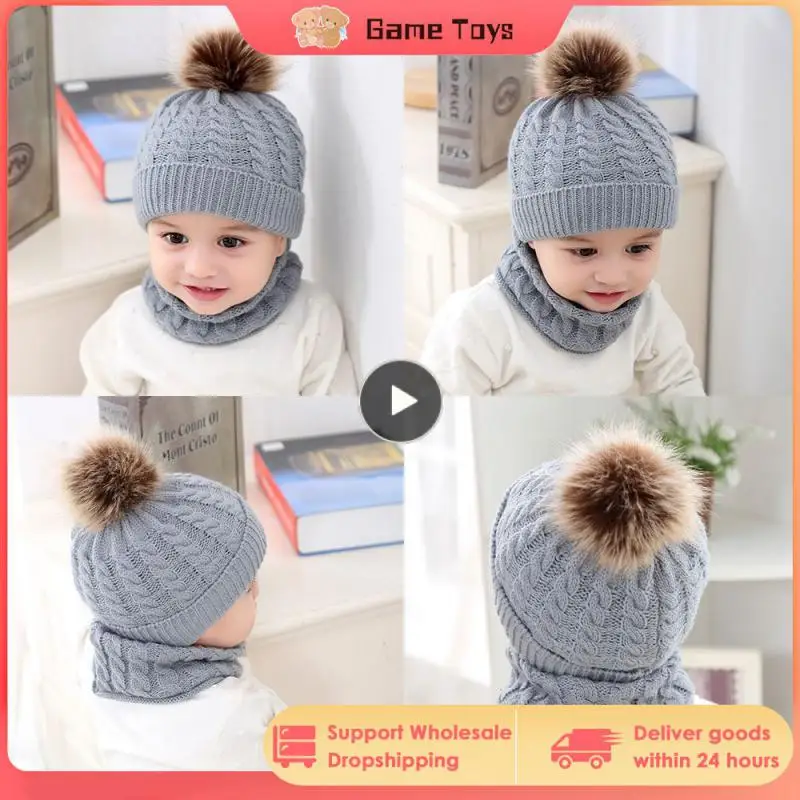 

Set Baby Hat Fur Pompom Knitted Beanies Hats Winter Warm Infant Toddler Fur Pom Pom Hat For Children Lovely Ski Snow