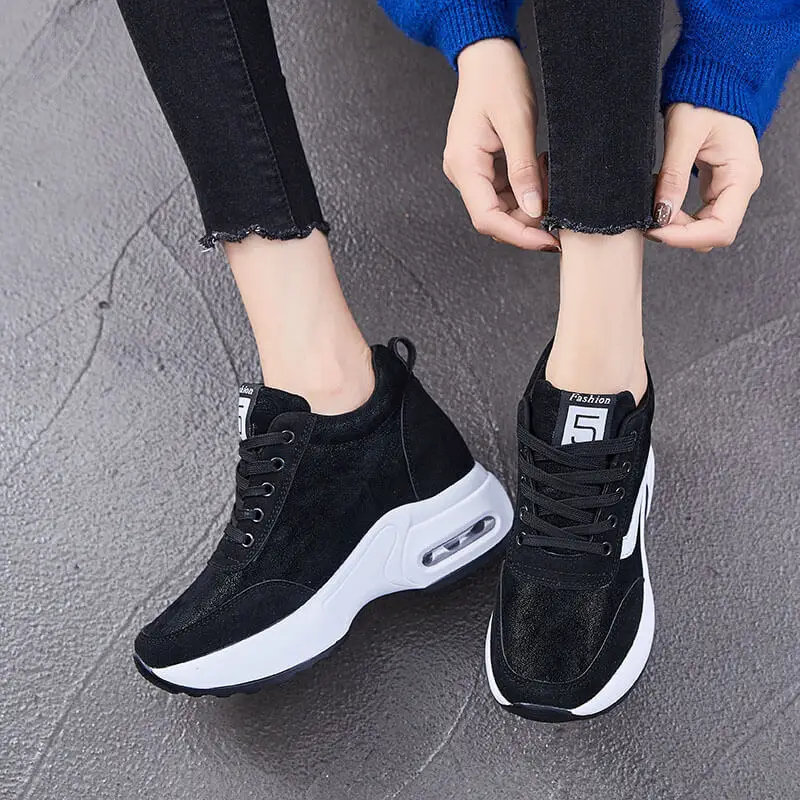 

Womens Fashion Real Leather Shoes Women Sneakers Platform Woman New Lace Up Height Increase Black White Wedges Shoes for Women