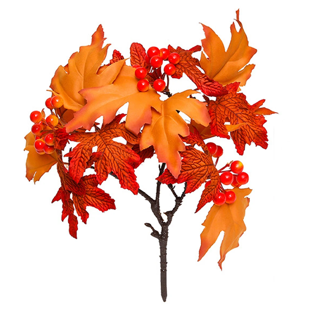 34 cm künstliche Ahornblätter Zweig Herbstpflanzen gefälschte Tannenzapfen rote Beeren Seidenblätter für Zuhause im Freien Halloween-Dekor