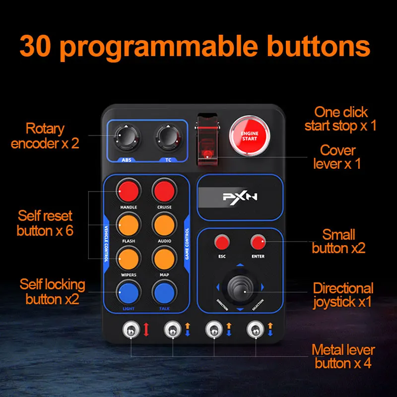 Racing Control Box PXN CB1 Simulator Race Central Control Box 30 Programmable Button Linkage Lever One Click Start Stop RGB Panel For PC