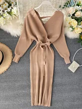  Knitted Vestidos Female Autumn and Winter Fashion Bat Sleeve Temperament V-neck Waist Thin Sexy Midi Dress with Hips KK1121 