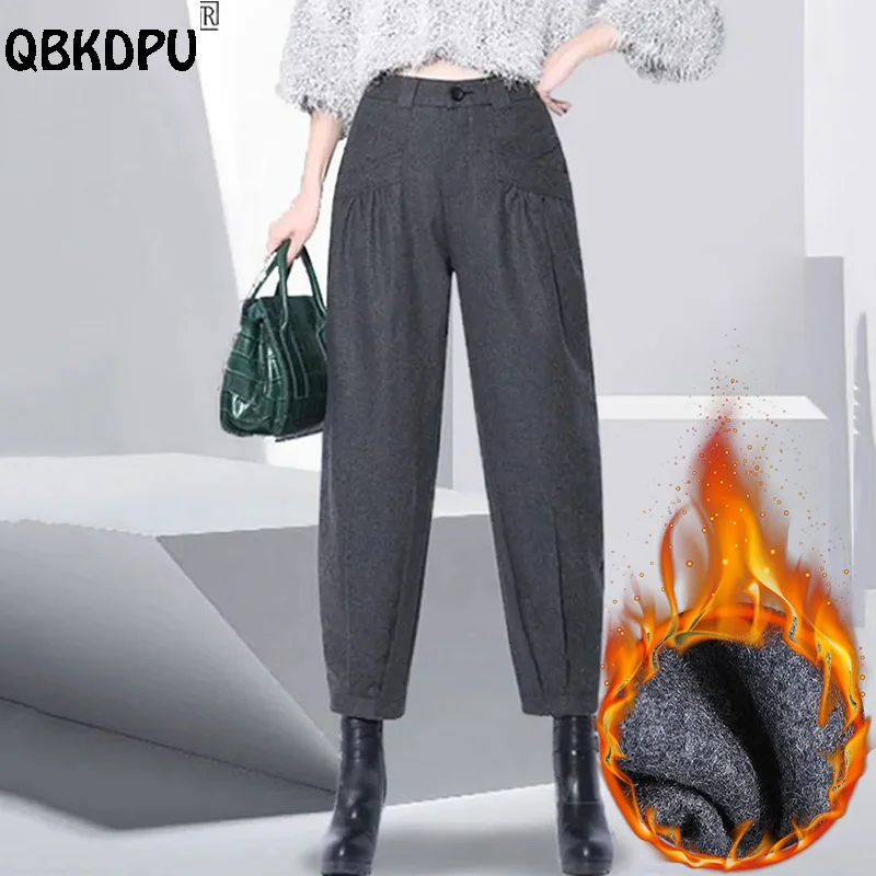 

Winter Plush Baggy Woolen Pants Office Lady High Waist Plus Velvet Harem Pantalones Women Fall Casual Thicken Wool Blend Pant