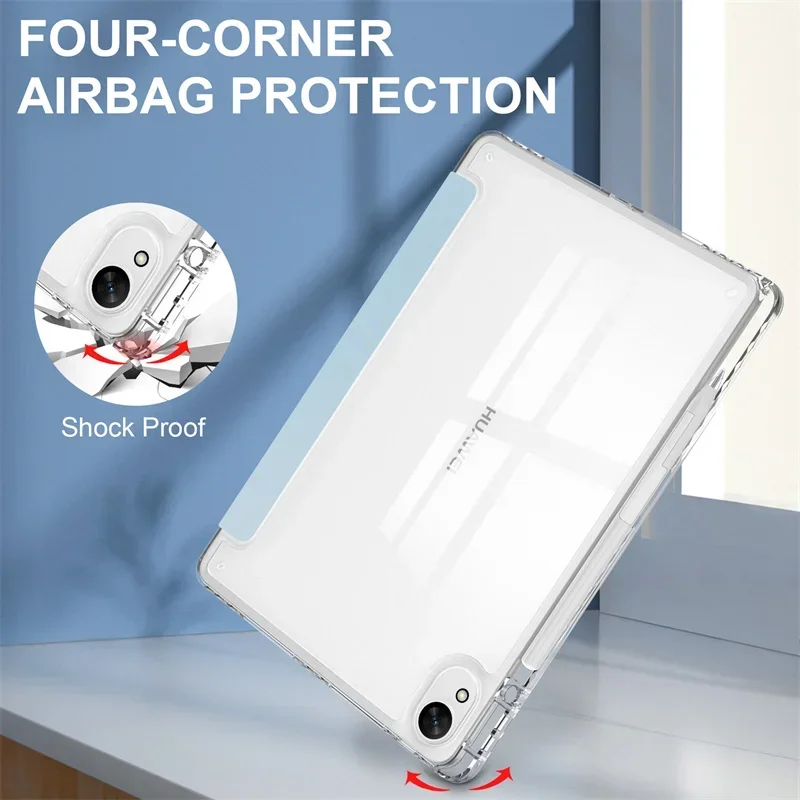 Enhanced Trifold Stand Tablet Case with Pencil Holder and Clear Acrylic Back Cover