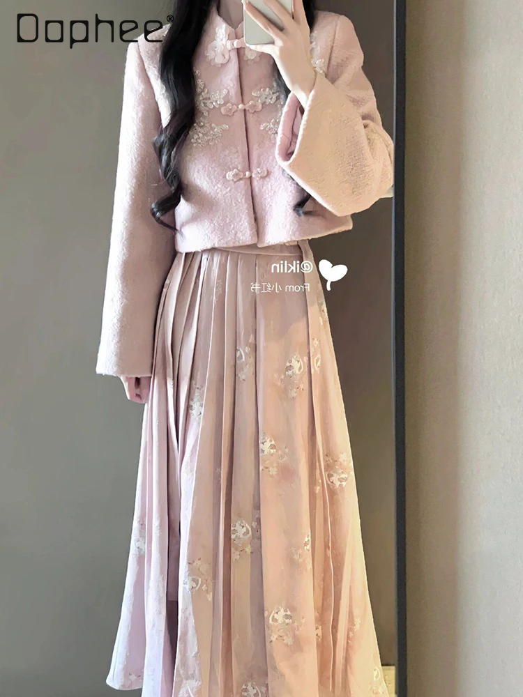 

New Chinese Style Improved Suit Women's Spring Sweet Stand Collar Buckle Woolen Coat High Waist Horse-Face Skirt Two-Piece Suit
