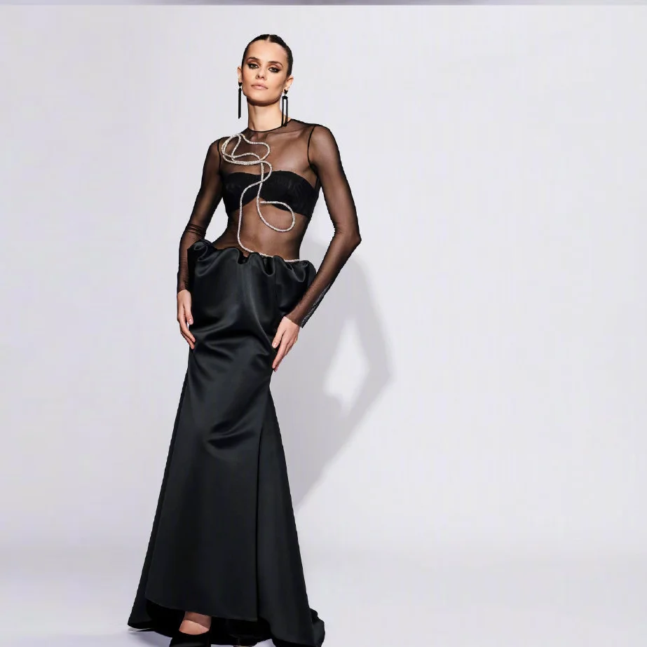 

High End Evening Gowns Pleated Drapled Formal Occasion Dress Elegant Black Saudi Arabic Party Prom Gown with Sleeve Sheer