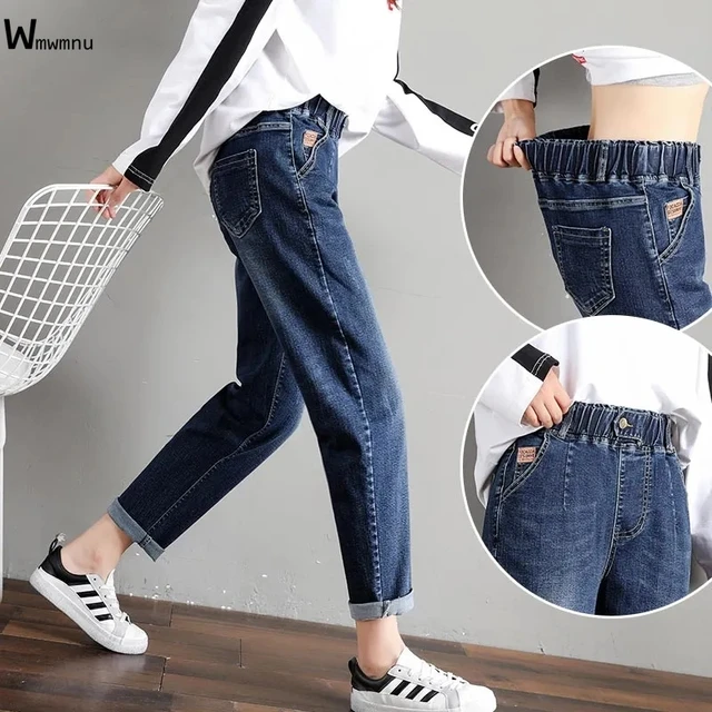 Vintage Big size Loose Straight Jeans Women Streetwear Elastic