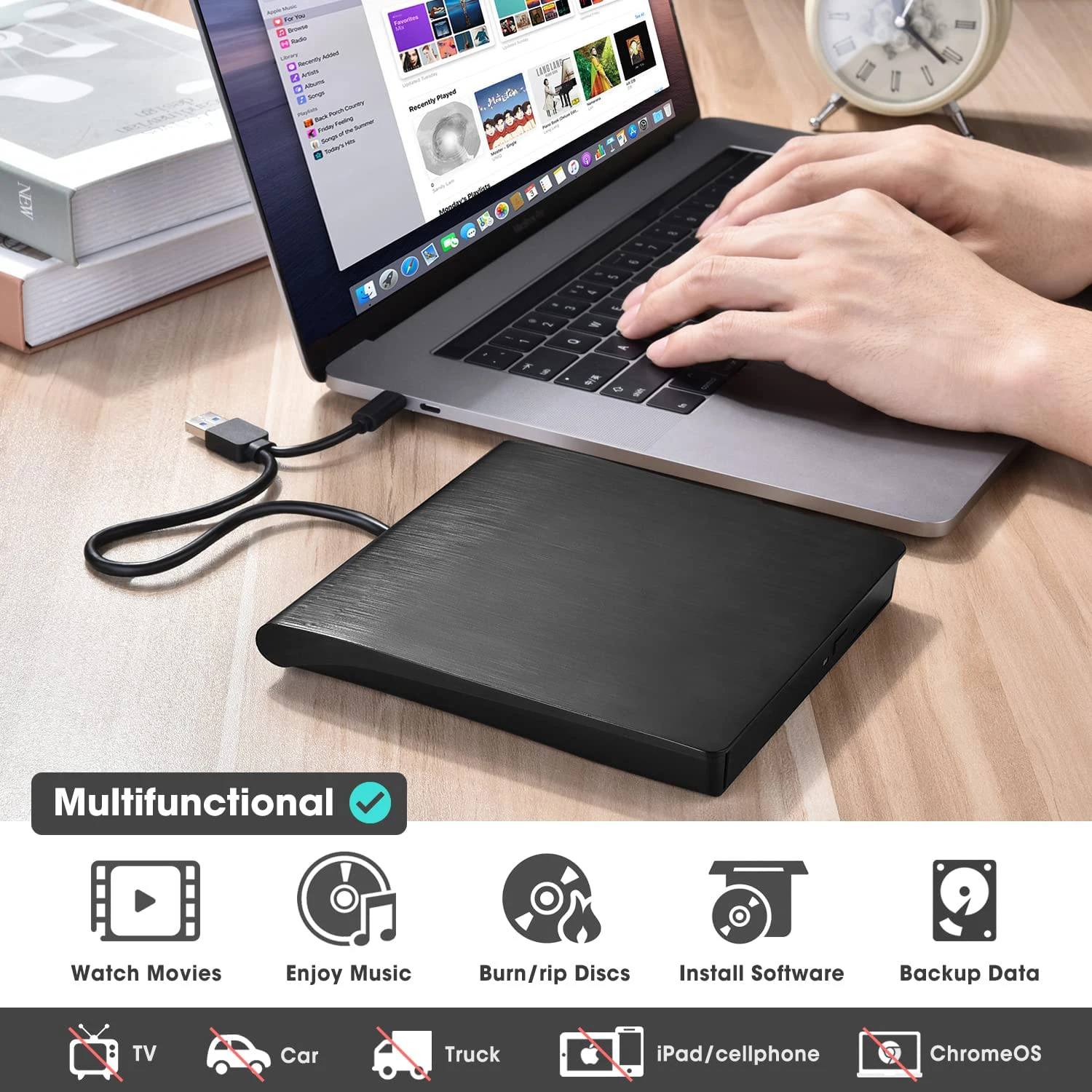 Gravador de cd e Dvd Externo Leitor de Unidade Óptica Portátil Usb 3.0 Tipo-c Escritor para Laptop Desktop Windows 8 - Imagem 6