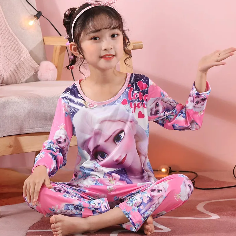 Girls Unicorn Milk Silk Pajamas Summer Long Sleeve Children's Sleepwear Pyjamas Sets For Kids