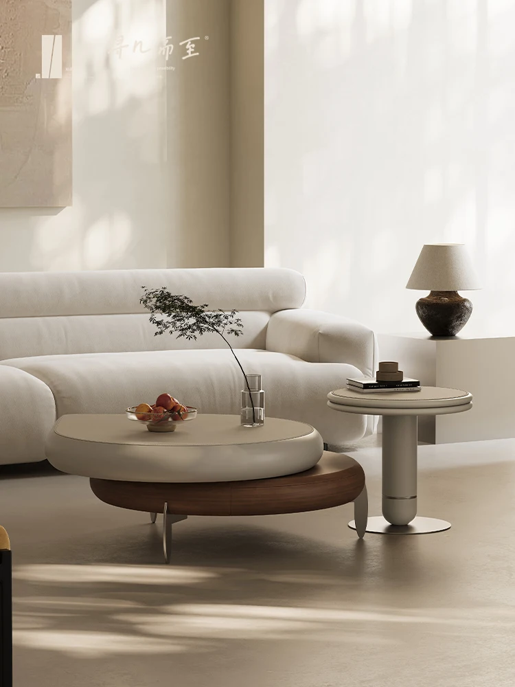 

Italian Minimalist Saddle Leather Coffee Table round Small Apartment Living Room Home Combination Table