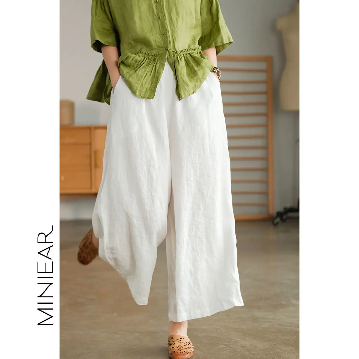 Loose Solid Color Flax Cotton Straight Ladies Vintage Elastic Waist Wide Leg Pants Summer Simplicity Comfortable Women Clothing