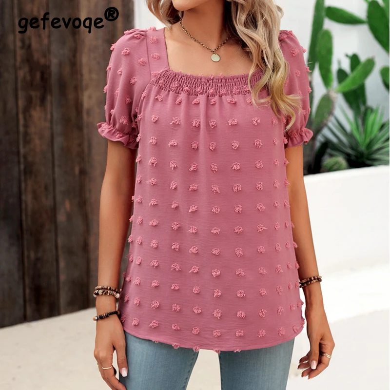 

Women Summer Square Collar Short Sleeve Blouses Solid Loose Elegant Shirts Casual Streetwear Tunic Tops Blusa Mujer Moda 2023