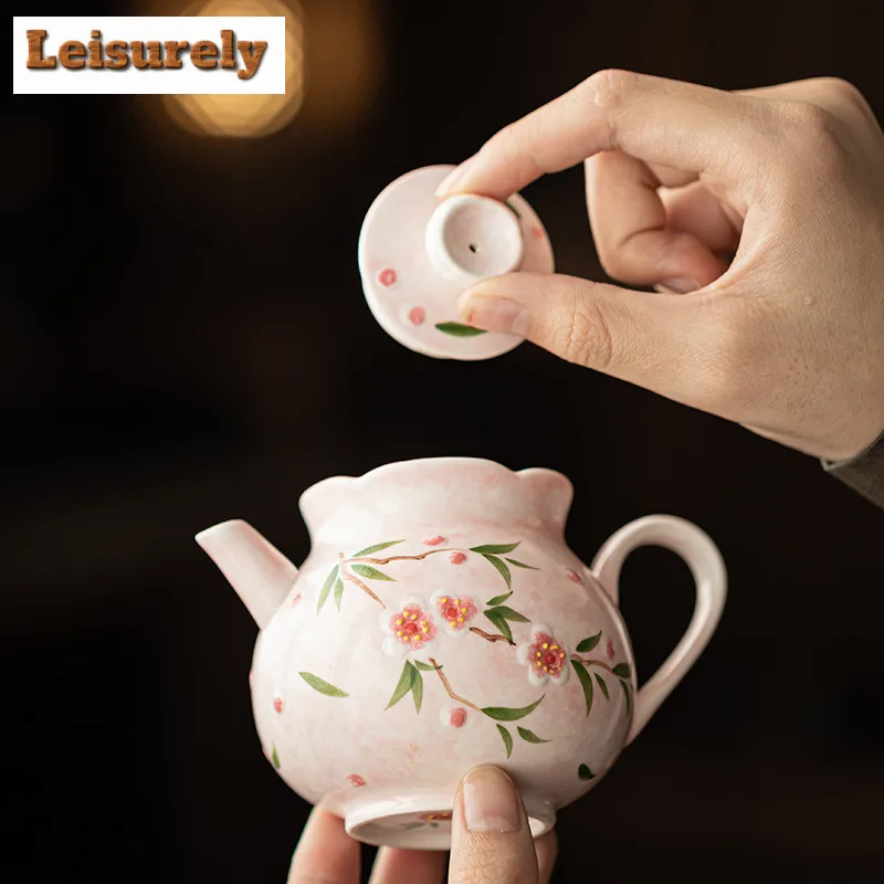 200ml Hand-painted Peach Blossom Bud Teapot Japanese Tea Infuser Pot Tea Soaking Kettle With Ball Hole Puer Drinkware Craft Gift