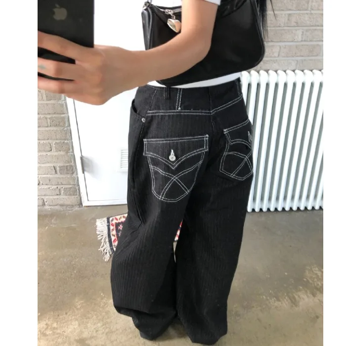 Casual Vintage Wide Leg Workwear Pants High Waist Denim Fabric All Match Loose Fit Trousers for Young Women Spring Season - 4