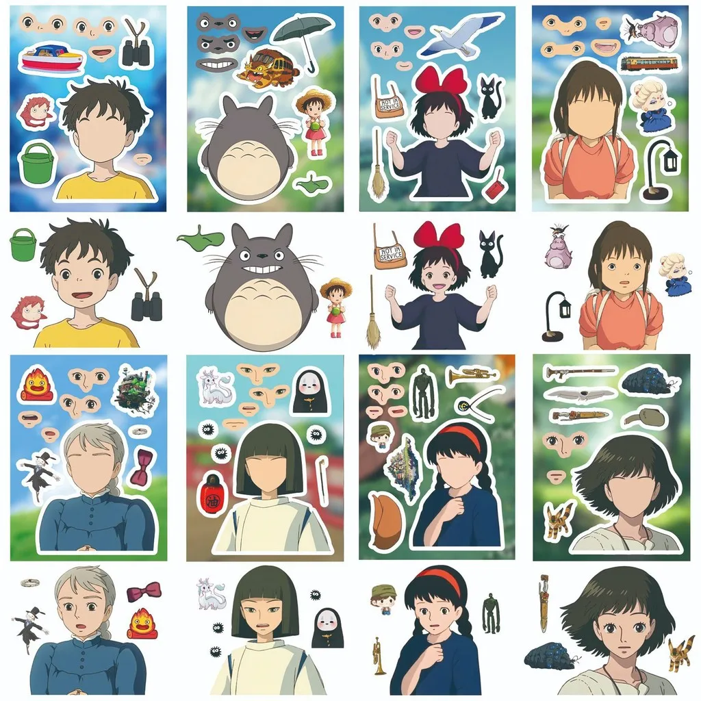 8Pcs Hayao Miyazaki Stickers - Japanese Anime DIY Face Swap Game for Kids( Anime Worlds Store)