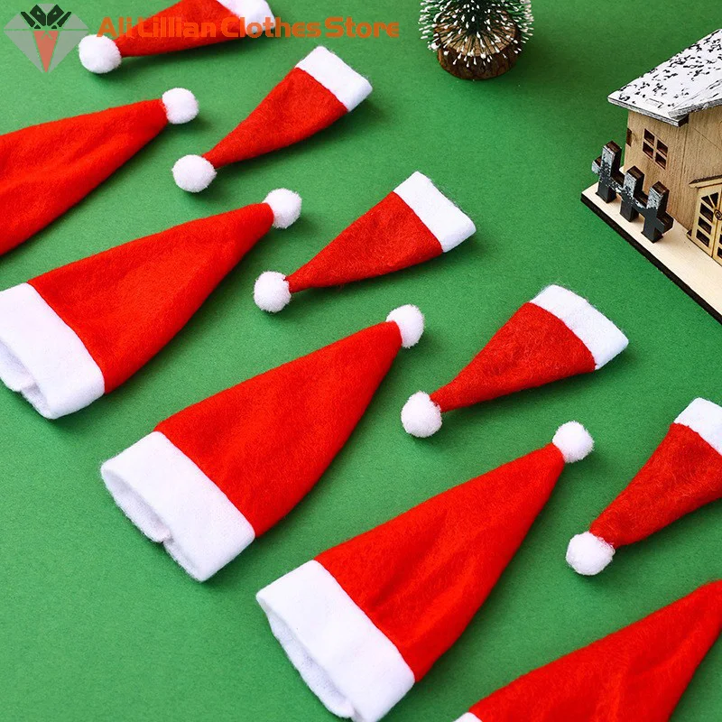 10Pcs Christmas Hats Mini Santa Claus Hat Lollipop Caps Wine Bottle Covers For Xmas Dinner Decoration New Year Party Supplies
