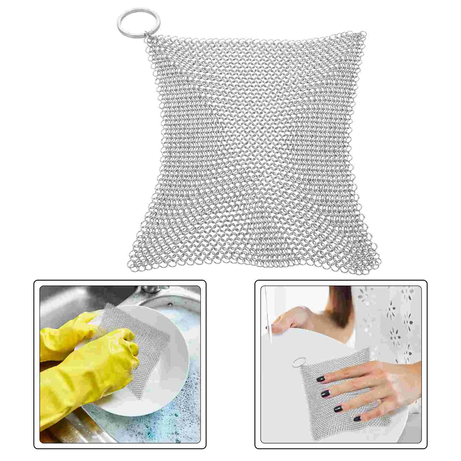 Wok Stainless Steel Wire Mesh Pans Grill Scraper Kitchen Scrubber Chained Cast Iron Ring Scrubbers