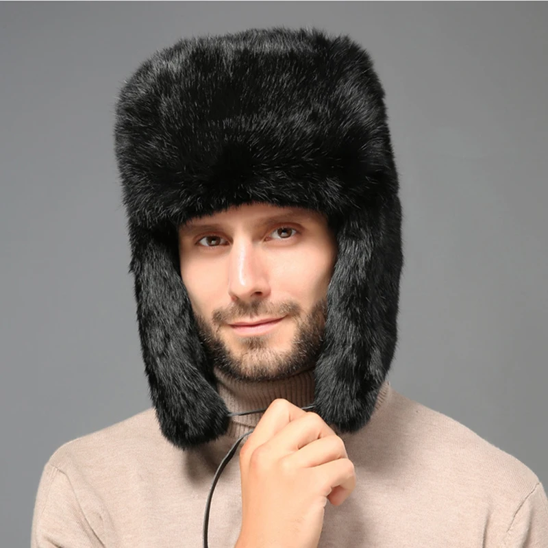 Fashion Thick Warm Bomber Men Real Rabbit Fur Earflap Trapper Russian Cap Plus Size Winter Ski
