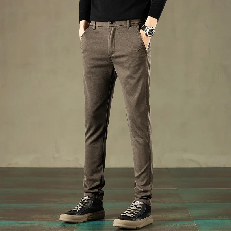 2024 Spring New Men's Casual Pants Brand Clothing Business Elastic Waist Thick Classic Slim Trousers Male Black Grey Brow 5