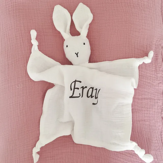 Name Embroided Kids Sleep Toy Soothe Appease Towel Bibs Custom Newborn Sleeping Dolls Baby Cotton Muslin Comforter Blanket 6