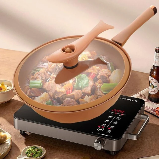 Wok en fer avec couvercle, universel, durable, antiadhésif, énergie,  océanie, cuisinière à gaz à induction, ensemble de vaisselle de visionneuse  de cuisine - AliExpress